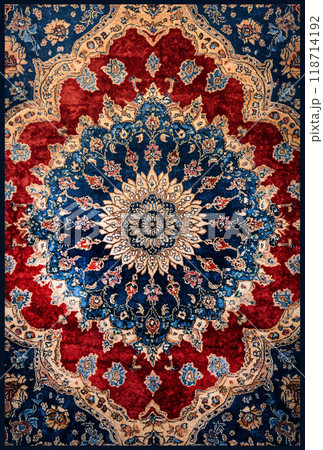 Persian rug with vibrant floral medallion and deep colors 118714192