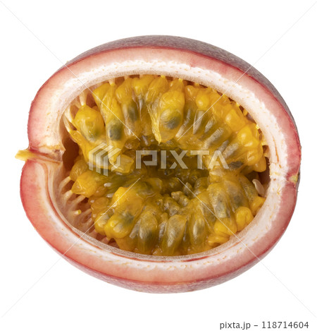 Red passion fruit with yellow pulp isolated on white background. 118714604