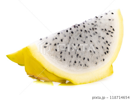 Fresh Yellow dragon fruit isolated on a white background Fresh Yellow dragon fruit isolated on a white background 118714654