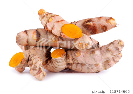 Turmeric Herb Contains Bioactive Compounds With Powerful Medicinal Properties isolated on a white background. Turmeric Herb Contains Bioactive Compounds With Powerful Medicinal Properties isolated on a white background. 118714666