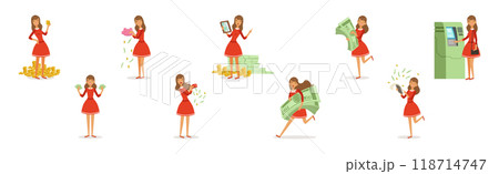 Happy Rich Woman Character with Money Cash Vector Set 118714747