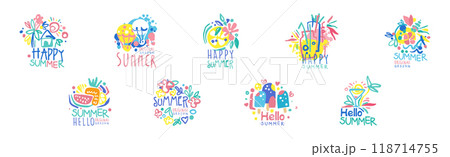 Happy Summer Logo Original Design with Bright Element Vector Set 118714755