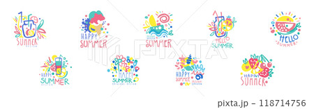 Happy Summer Logo Original Design with Bright Element Vector Set 118714756