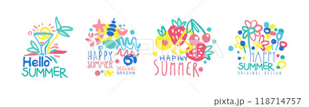 Happy Summer Logo Original Design with Bright Element Vector Set 118714757