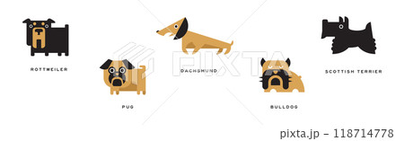 Different Dog Breed Flat Icon and Pictogram with Inscription Vector Set 118714778