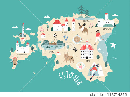 Detailed Hand-Drawn Map of Estonia with Landmarks and Cultural Symbols. 118714856