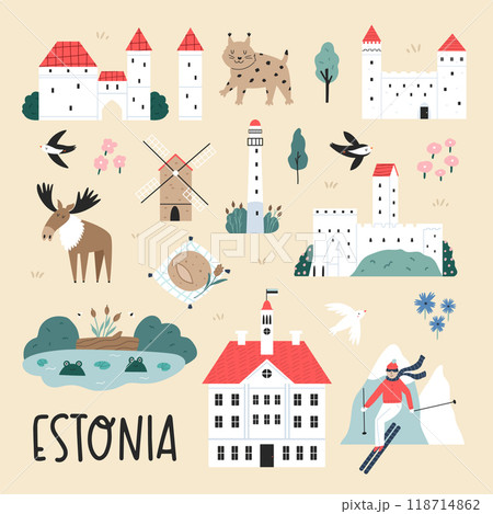 Decorative poster with hand drawn landmarks, symbols of Estonia 118714862