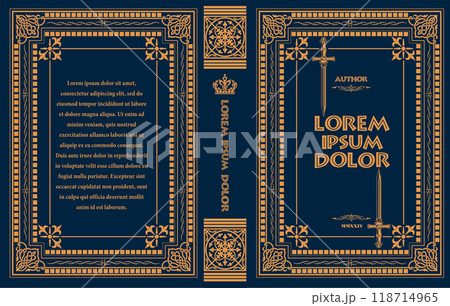 Ornate leather book cover and Old retro ornament frames. Royal Golden style design. Historical novel. Vintage Border to be printed on the covers of books. Colored Vector hand drawn illustration 118714965