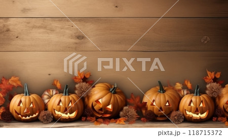 Jack-o'-Lanterns and Autumn Leaves on Wooden Background 118715372