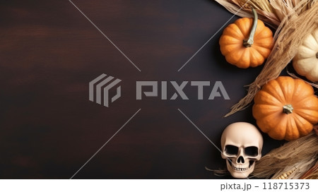 Skulls and Pumpkins on Rustic Wooden Background 118715373