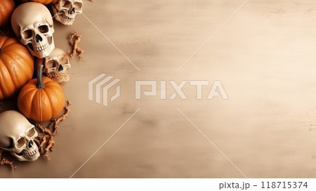 Skulls and Pumpkins on Rustic Wooden Background 118715374