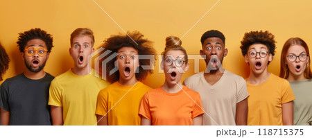 Diverse group of shocked young adults in colorful shirts 118715375