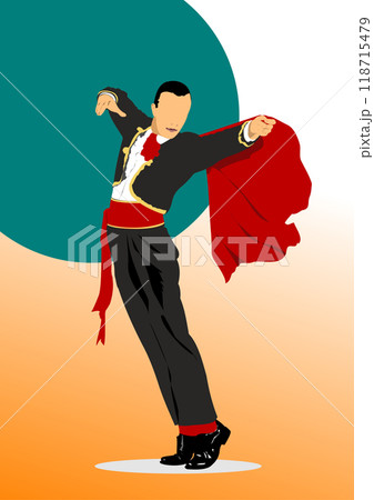 Torero in gray and gold suit or typical Spanish bullfighter on abstract background. 3d vector hand drawn illustration Torero in gray and gold suit or typical Spanish bullfighter on abstract background. 3d vector hand drawn illustration 118715479