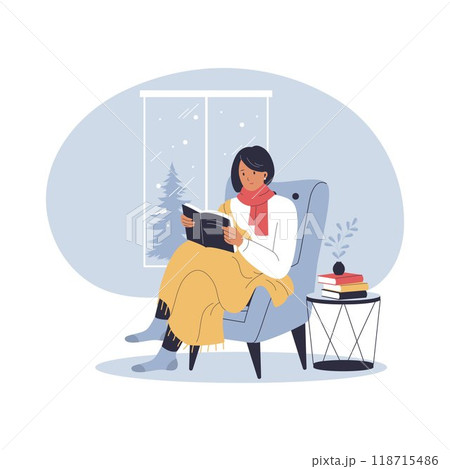 Illustration of woman relaxing reading a book in winter Illustration of woman relaxing reading a book in winter 118715486