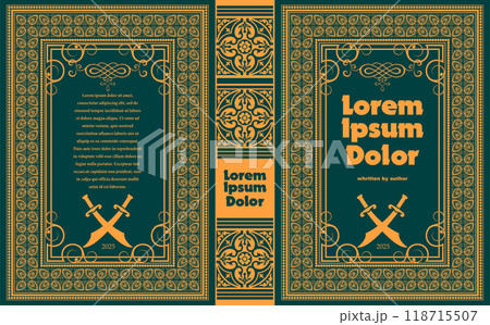 Ornate leather book cover and Old retro ornament frames. Royal Golden style design. Historical novel. Oriental style Vector illustration. Hand drawn illustration 118715507
