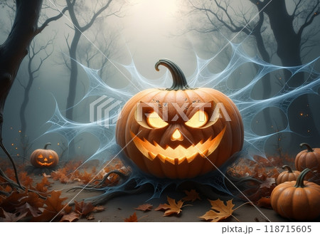Halloween card, autumn pumpkin, spiders and web Halloween card, autumn pumpkin, spiders and web 118715605