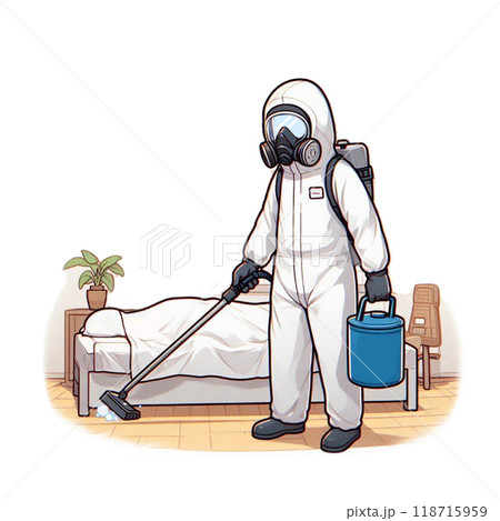 防護服を着て掃除する清掃員 防護服を着て掃除する清掃員 118715959