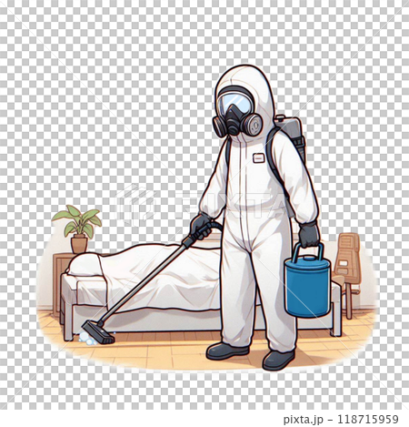 防護服を着て掃除する清掃員 防護服を着て掃除する清掃員 118715959