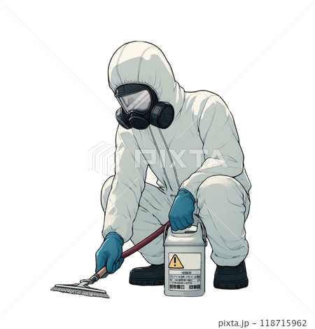 防護服を着て掃除する清掃員 118715962