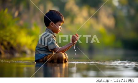 A young boy playing in shallow water while enjoying a warm afternoon in a lush, green landscape surrounded by nature 118715969