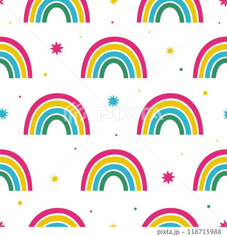 Simple pattern with rainbows and stars on a white background. Vector graphics. 118715988