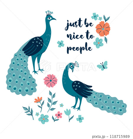 Postcard or poster with peacocks and flowers. Vector graphics. 118715989