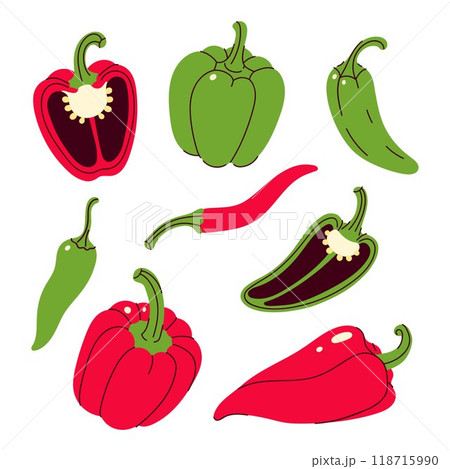 Set of red and green peppers isolate on white background. Vector graphics. Set of red and green peppers isolate on white background. Vector graphics. 118715990
