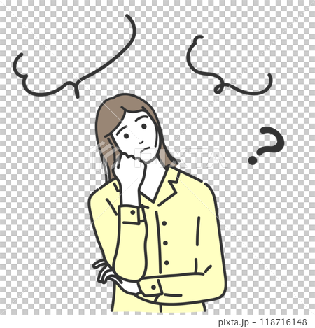 Thinking, worried woman, speech bubble, question mark, question, folded arms, worried, vector illustration, question, white background Thinking, worried woman, speech bubble, question mark, question, folded arms, worried, vector illustration, question, white background 118716148