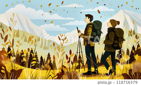 Two friends are enjoying the scenery while taking pictures during a mountain hike in the fall 118716379