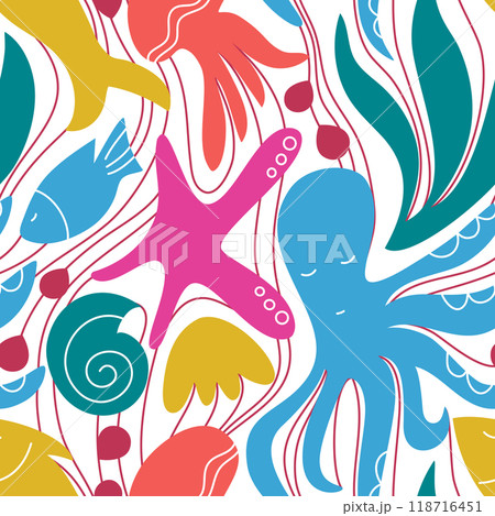 Vector seamless pattern with animals of the underwater world Vector seamless pattern with animals of the underwater world 118716451