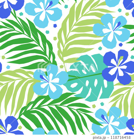 Vector seamless pattern with tropical flowers and palm leaves and monstera 118716458