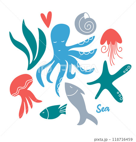 Vector set of underwater inhabitants octopus, fish, starfish, algae 118716459