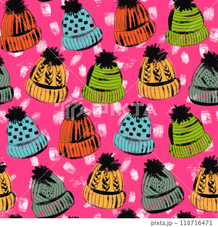 Seamless pattern with winter hats and snow on a bright background Seamless pattern with winter hats and snow on a bright background 118716471