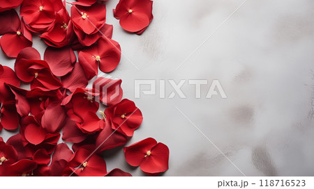 Red rose petals on a gray concrete background. Valentine's Day, International Women's Day. Red rose petals on a gray concrete background. Valentine's Day, International Women's Day. 118716523