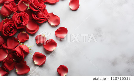 Red rose petals on a gray concrete background. Valentine's Day, International Women's Day. 118716532