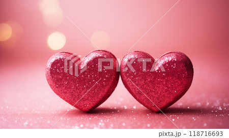 two pink hearts on a pink background with sparkles. Valentine's Day background 118716693