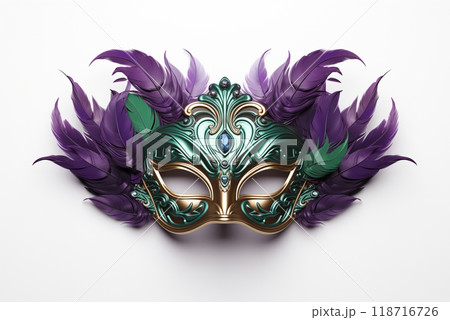 Purple and green Mardi Gras mask with feathers on a white isolated background 118716726