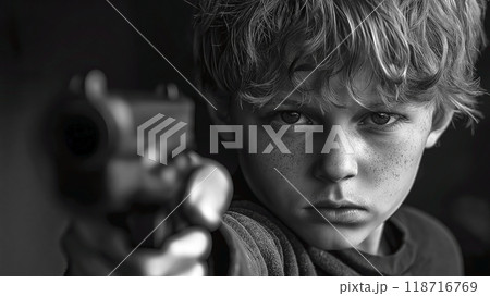 Young boy with a serious expression is holding a handgun in a black and white portrait 118716769