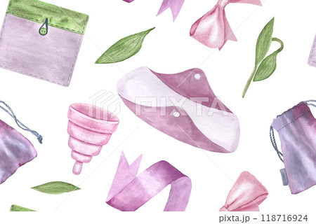 A menstrual cup, a period pad and a fabric pouch watercolor seamless pattern isolated on white. Great for eco-friendly menstrual care design, packaging, websites. Sustainable lifestyle of modern women 118716924