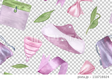 A menstrual cup, a period pad and a fabric pouch watercolor seamless pattern isolated on white. Great for eco-friendly menstrual care design, packaging, websites. Sustainable lifestyle of modern women 118716924