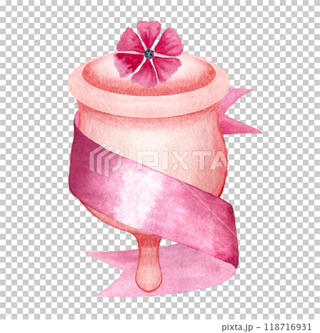 A menstrual cup with a satin ribbon around it and a flower, watercolor composition isolated on white. Ideal for eco-friendly menstrual care design, ads, packaging. In peach, pink. Sustainable 118716931