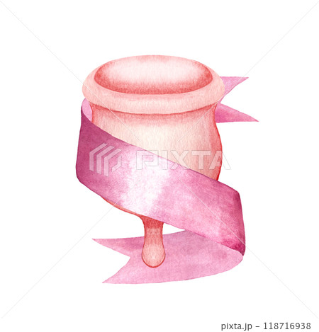 A menstrual cup with a satin ribbon around it watercolor composition isolated on white. Great for eco-friendly menstrual care design, ads, packaging, blogs. Sustainable lifestyle. In peach, pink 118716938