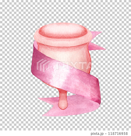 A menstrual cup with a satin ribbon around it watercolor composition isolated on white. Great for eco-friendly menstrual care design, ads, packaging, blogs. Sustainable lifestyle. In peach, pink 118716938