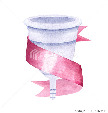 A menstrual cup and a satin ribbon watercolor composition isolated on white. Great for eco-friendly menstrual care design, ads, packaging, blogs. Sustainable lifestyle of modern women. In purple, pink A menstrual cup and a satin ribbon watercolor composition isolated on white. Great for eco-friendly menstrual care design, ads, packaging, blogs. Sustainable lifestyle of modern women. In purple, pink 118716944