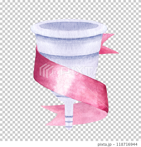 A menstrual cup and a satin ribbon watercolor composition isolated on white. Great for eco-friendly menstrual care design, ads, packaging, blogs. Sustainable lifestyle of modern women. In purple, pink A menstrual cup and a satin ribbon watercolor composition isolated on white. Great for eco-friendly menstrual care design, ads, packaging, blogs. Sustainable lifestyle of modern women. In purple, pink 118716944