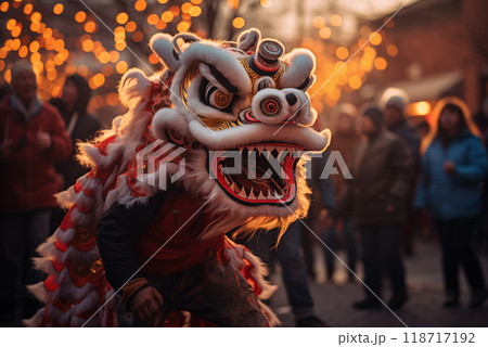 a traditional Chinese dragon dances the dragon dance at the Chinese New Year festival 118717192