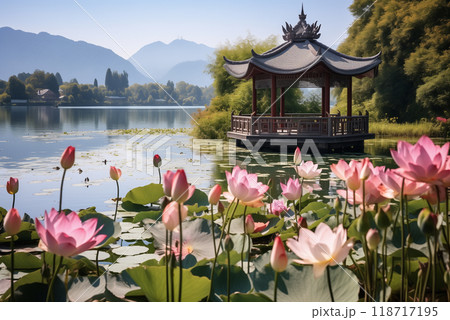Chinese gazebo in the distance on a lake with blooming pink lotuses, mountains in the background 118717195