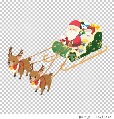 Isometric illustration of Santa and a green sleigh loaded with gifts (vector) 118717352