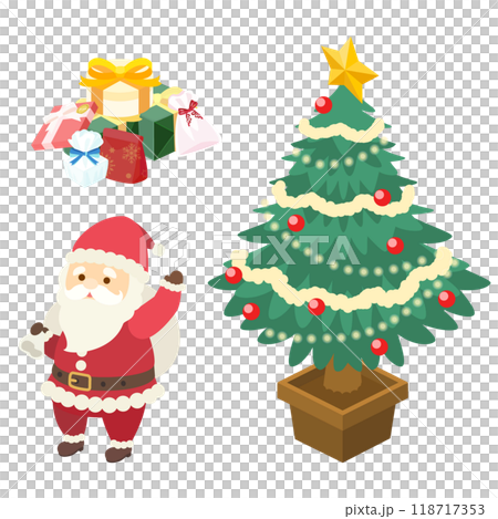 アイソメトリックで描いたクリスマスツリーとプレゼントとサンタクロース（ベクター）のイラスト 118717353
