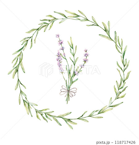 Watercolor wreath and bouquet of Lavender flower. Floral Clipart. Hand drawn botanical illustration of lavender branch for wedding invitation, logo, cards, packaging and labeling 118717426